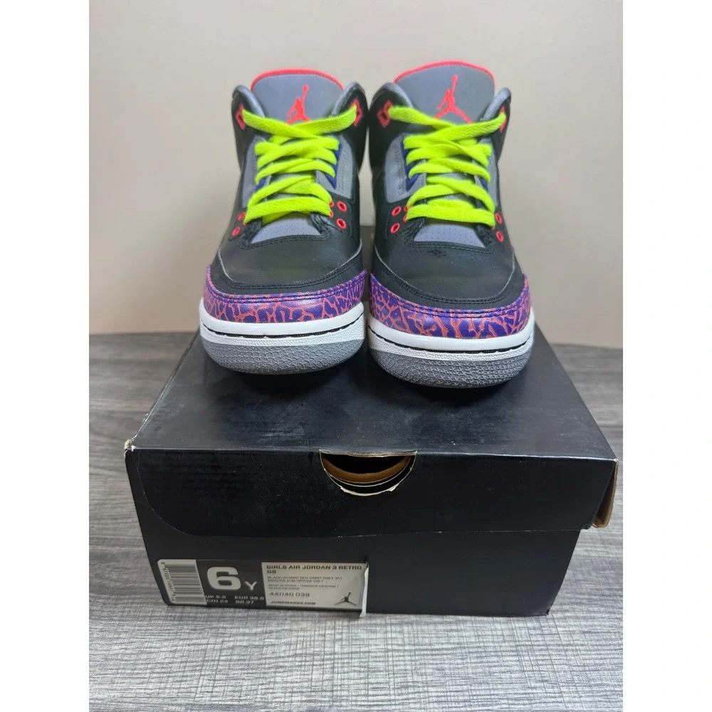 Jordan 3 Retro GS Black Atomic Red Volt Cement Grey 441140-039 Girls 6Y